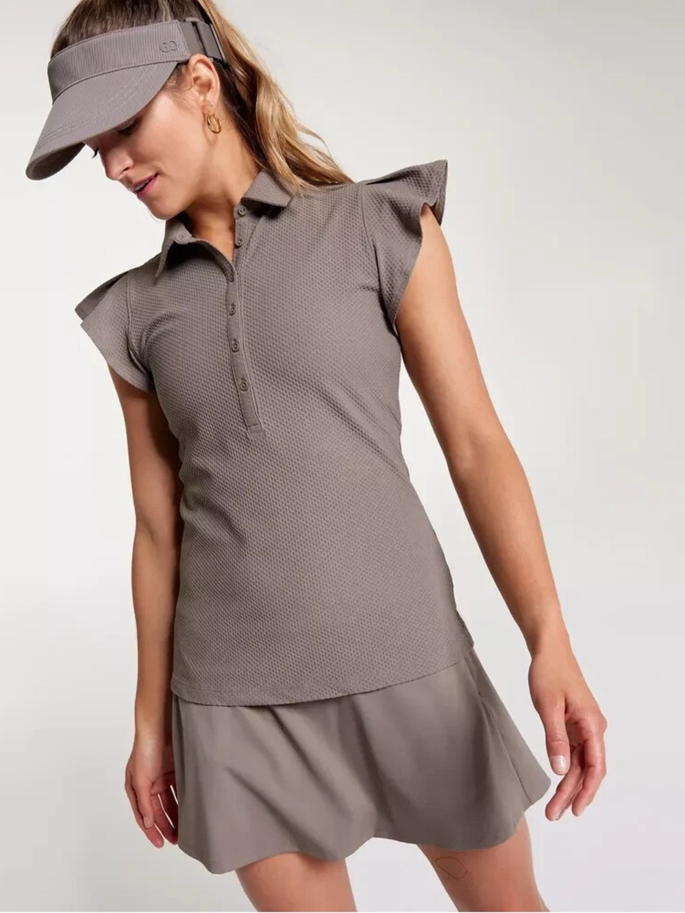 CALIA Honeycomb Flutter Sleeve Golf Polo Top Taupe Size Large